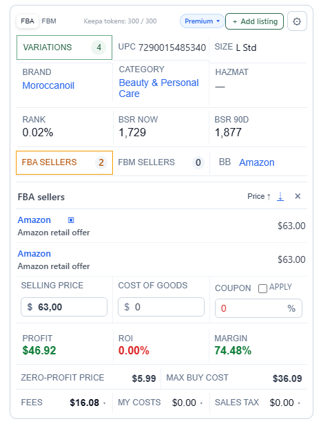 ASINPeek listing calculator with Buy Box, profit, ROI, margin, and fees