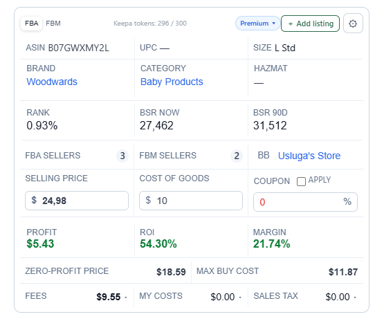 ASINPeek Amazon listing panel with FBA and FBM sellers and profit calculator