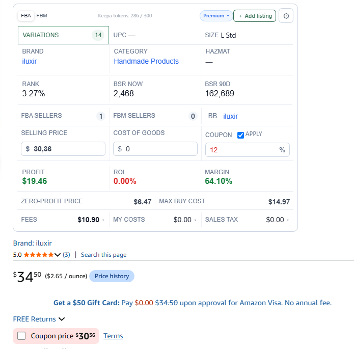 ASINPeek calculator with a listing coupon applied to selling price and profitability