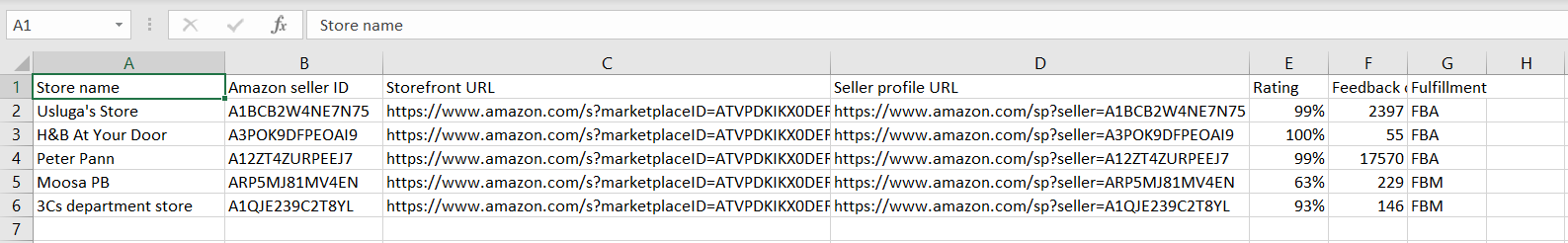 ASINPeek seller CSV export opened in Excel