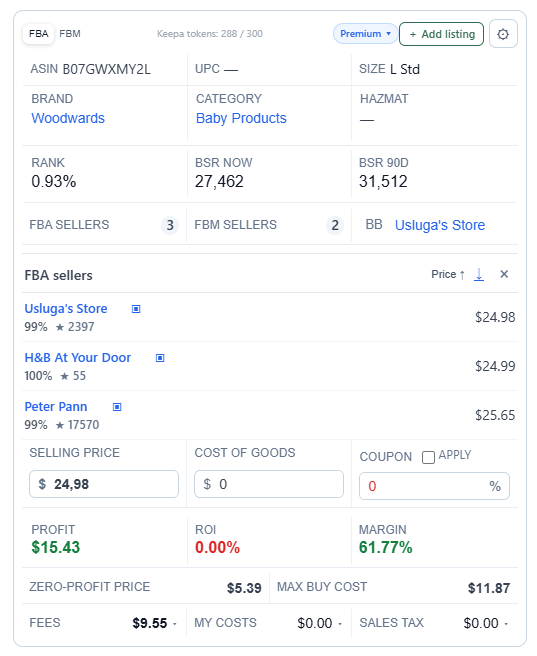 ASINPeek Amazon seller analysis showing FBA and FBM offers, seller names, ratings, prices, and Buy Box context