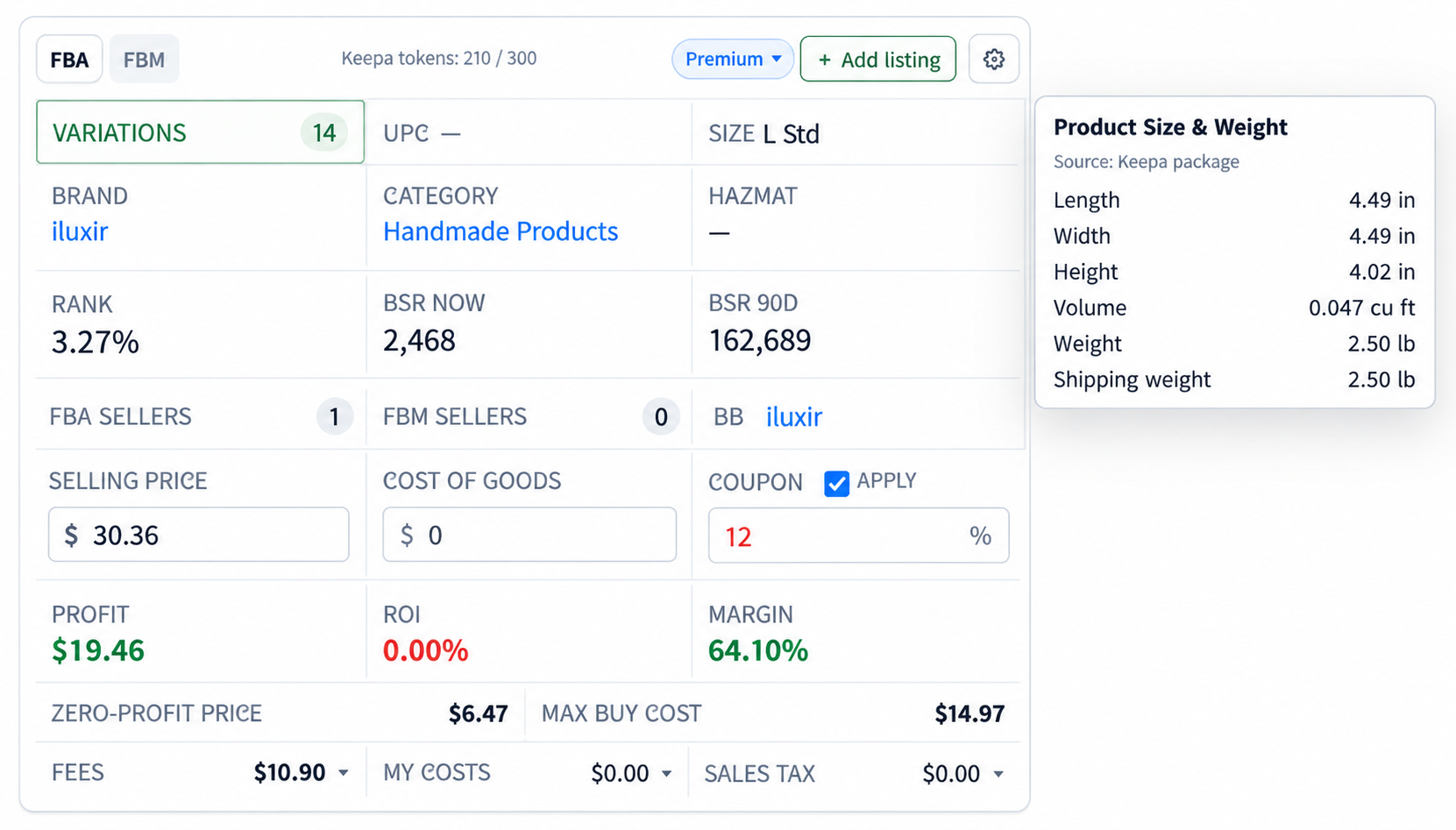 ASINPeek product size and weight details