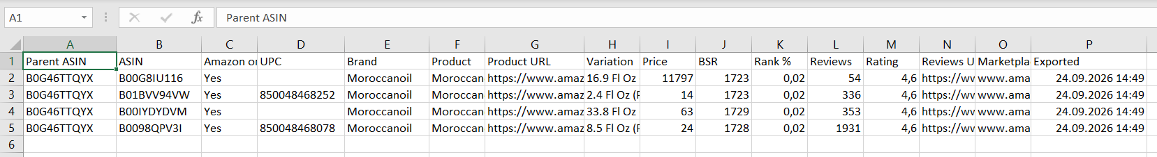 ASINPeek variation CSV export opened in Excel