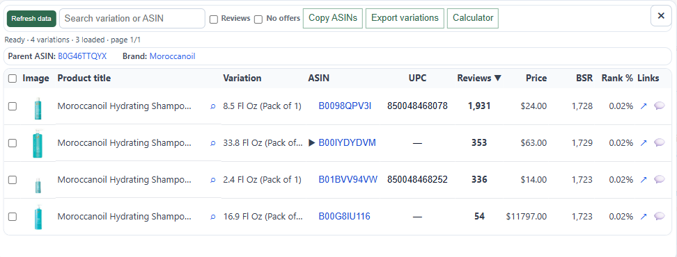 ASINPeek Variation Scanner showing child ASINs, prices, reviews, and BSR